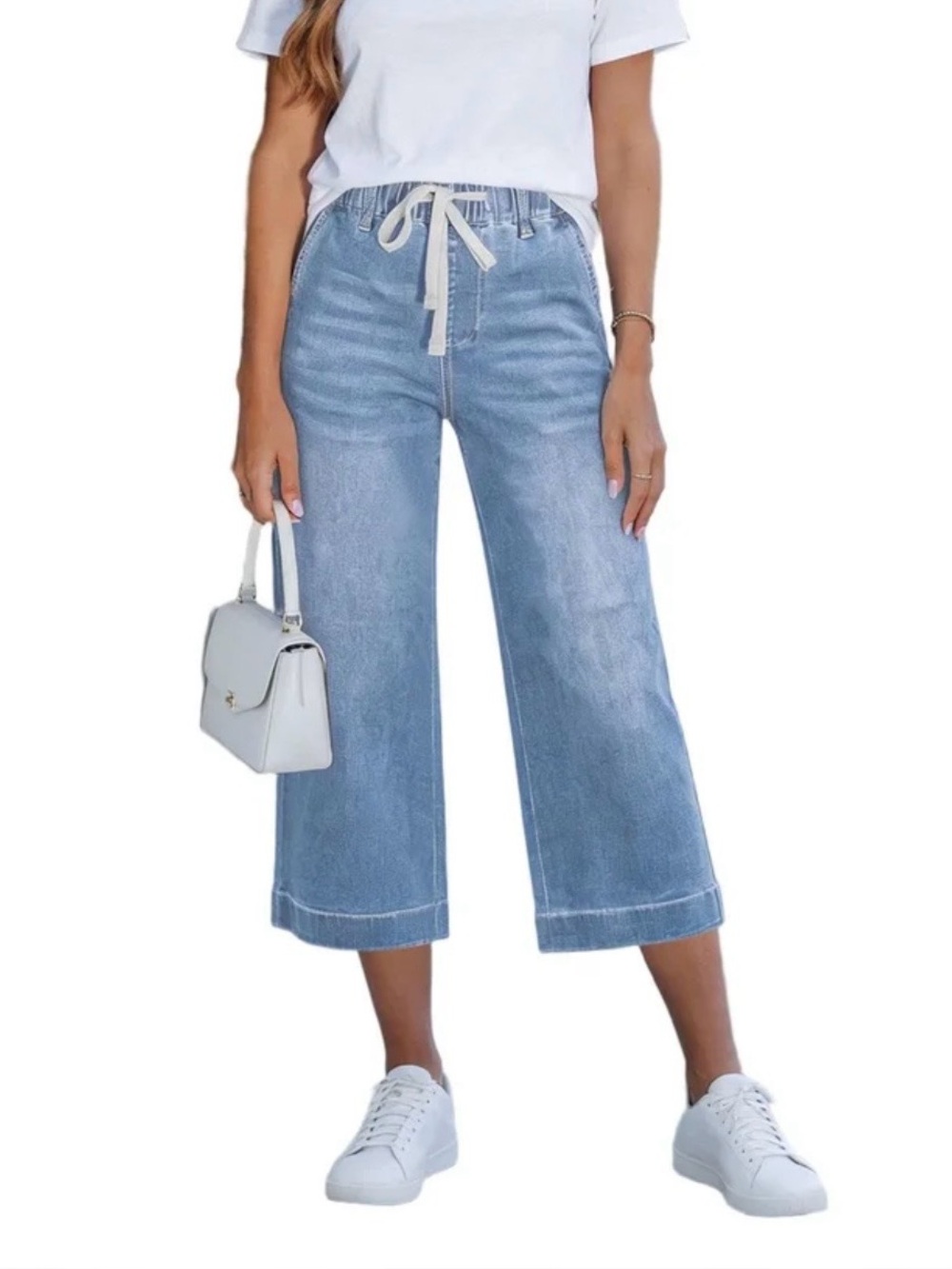 Wondenly women’s size 16 Light Blue Wide Leg Crop Jeans with Drawstring Waist